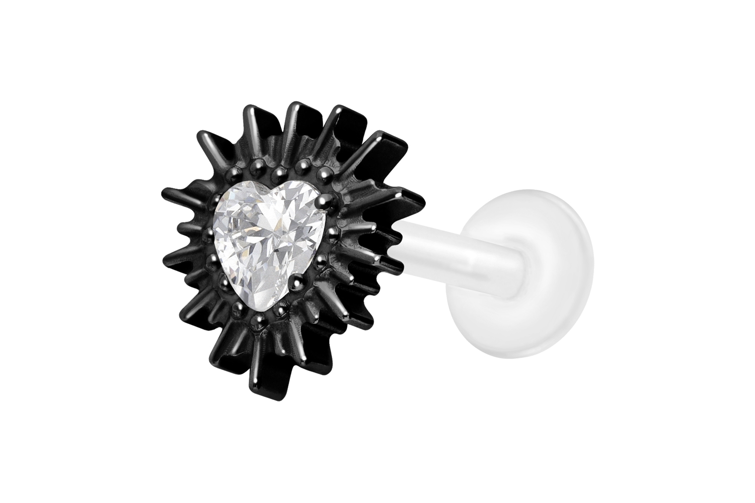 PTFE Labret Piercing mit Innengewinde + Titan-Aufsatz KRISTALLHERZ + SONNENSTRAHLEN